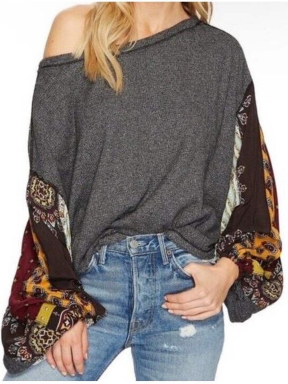 Free People Blossom Oversized Thermal Patchwork Balloon Sleeve Top Size Small
